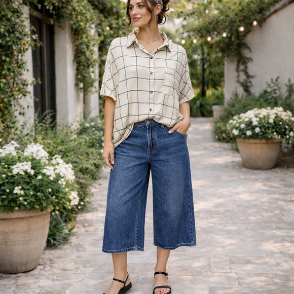 Sweet Rain Tops - Sweet Rain Button Down Black&White Plaid Striped Size Medium‎ Blouse Top